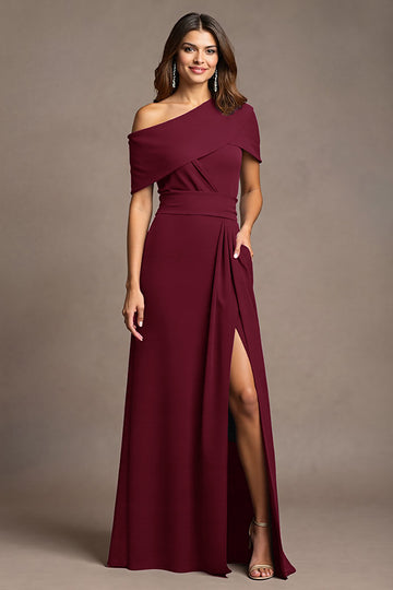Burgundy A Line Long Mother Of The Bride Dress With Slit